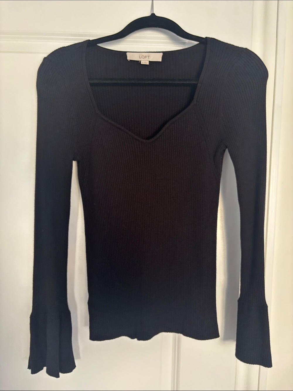 LOFT Black Ribbed V-Neck Long Sleeve Top with Flared Cuffs